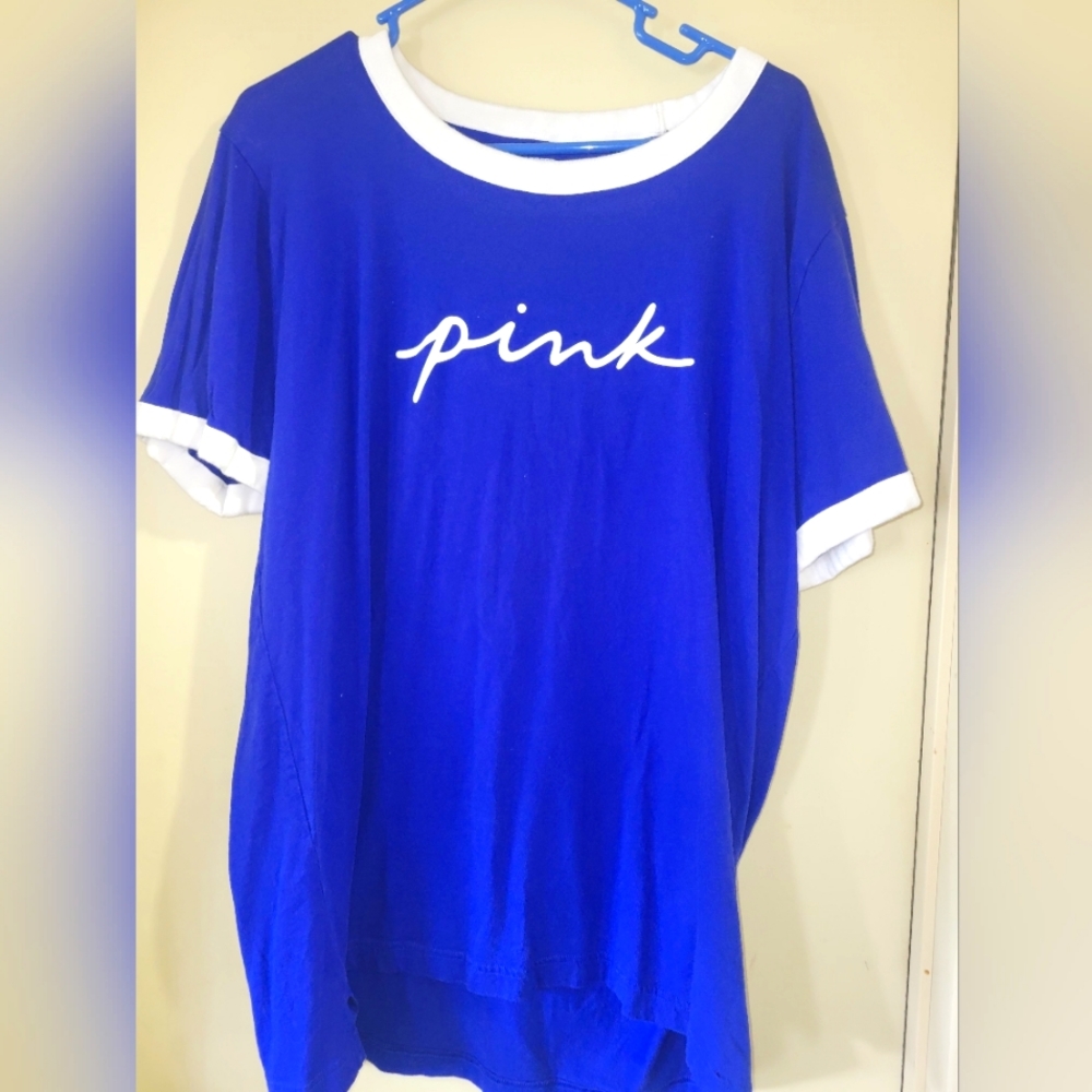 VICTORIAS SECRET PINK CAMPUS RINGER LOGO TEE SHIRT BLUE